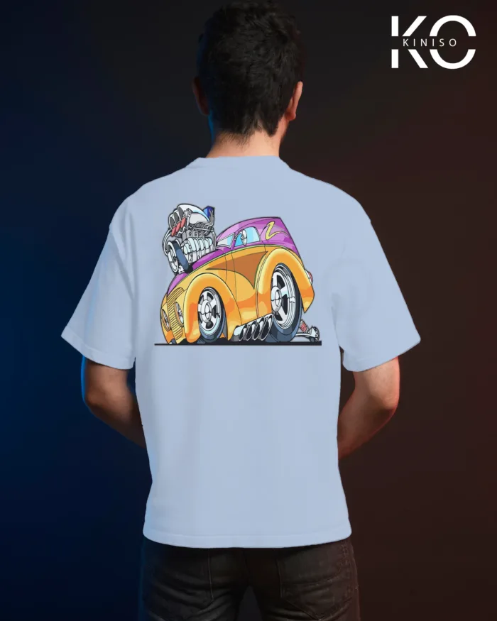 Image of Sky Blue color drop shoulder t-shirt with Racing Car Engine Print for men at reasonable price